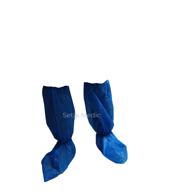 A pair of blue color boot cover with elastic at ankle and knee placed upright and front facing