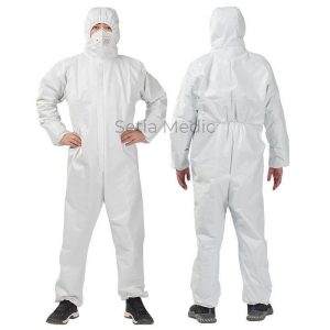 A man standing facing front and back wearing a head to toe covered and white colored disposable coverall suit