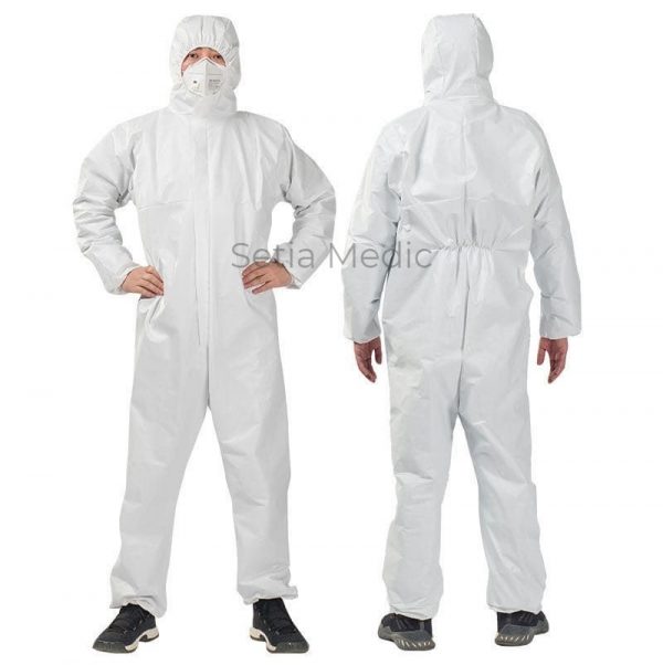 A man standing facing front and back wearing a head to toe covered and white colored disposable coverall suit