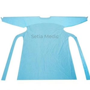 A blue color long sleeve plastic apron lay flat with sleeves with thumbhook and waist tie being spread out.